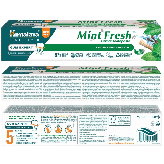 Mint Fresh Herbal Toothpaste, Himalaya Wellness, 75 ml