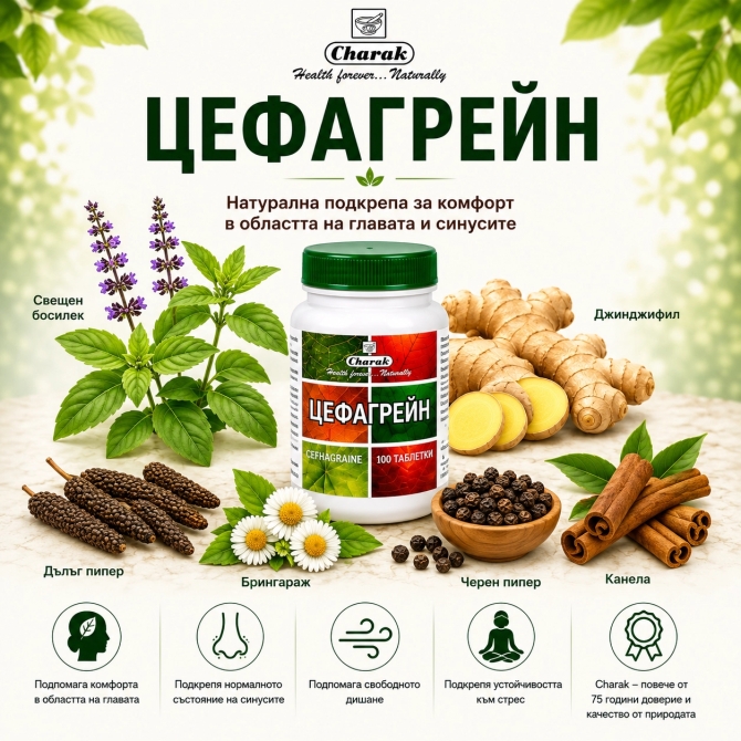 Цефагрейн - При синузит и мигрена, Charak Pharma, 100 таблетки