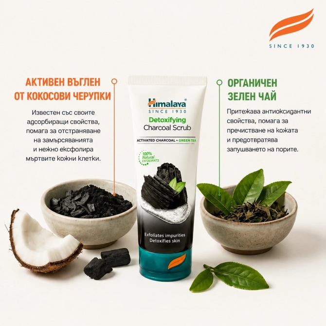 Детокс ексфолиант за лице с активен въглен, Himalaya Wellness,  75 ml